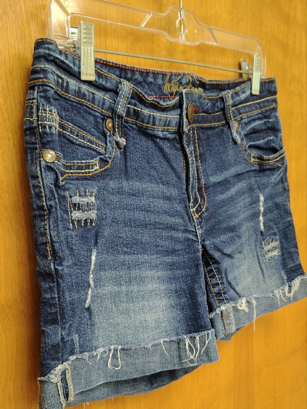 Ariya Dark Blue Low Rise Distressed Rolled-Hem Denim Shorts - Picture 5 of 13